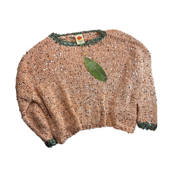 Farm Rio Peach & Green Sequin Pullover Sweater, Size Small, Cropped & Oversized - Picture 1 of 3